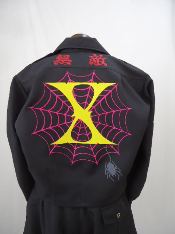 X-JAPAN 黒ショート特攻服上下刺繍 蜘蛛の巣 | 特攻服刺繍のきてやこう 